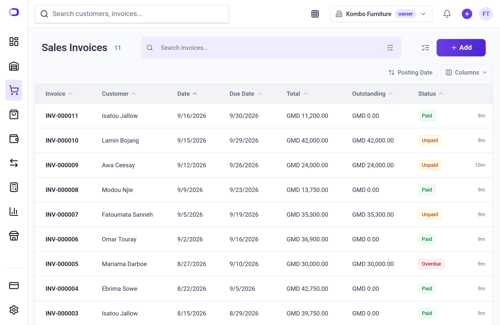 The Sales Invoices list in Jokoor Books for Kombo Furniture, showing eleven invoices with their totals, outstanding amounts and a Paid, Unpaid or Overdue status on each.