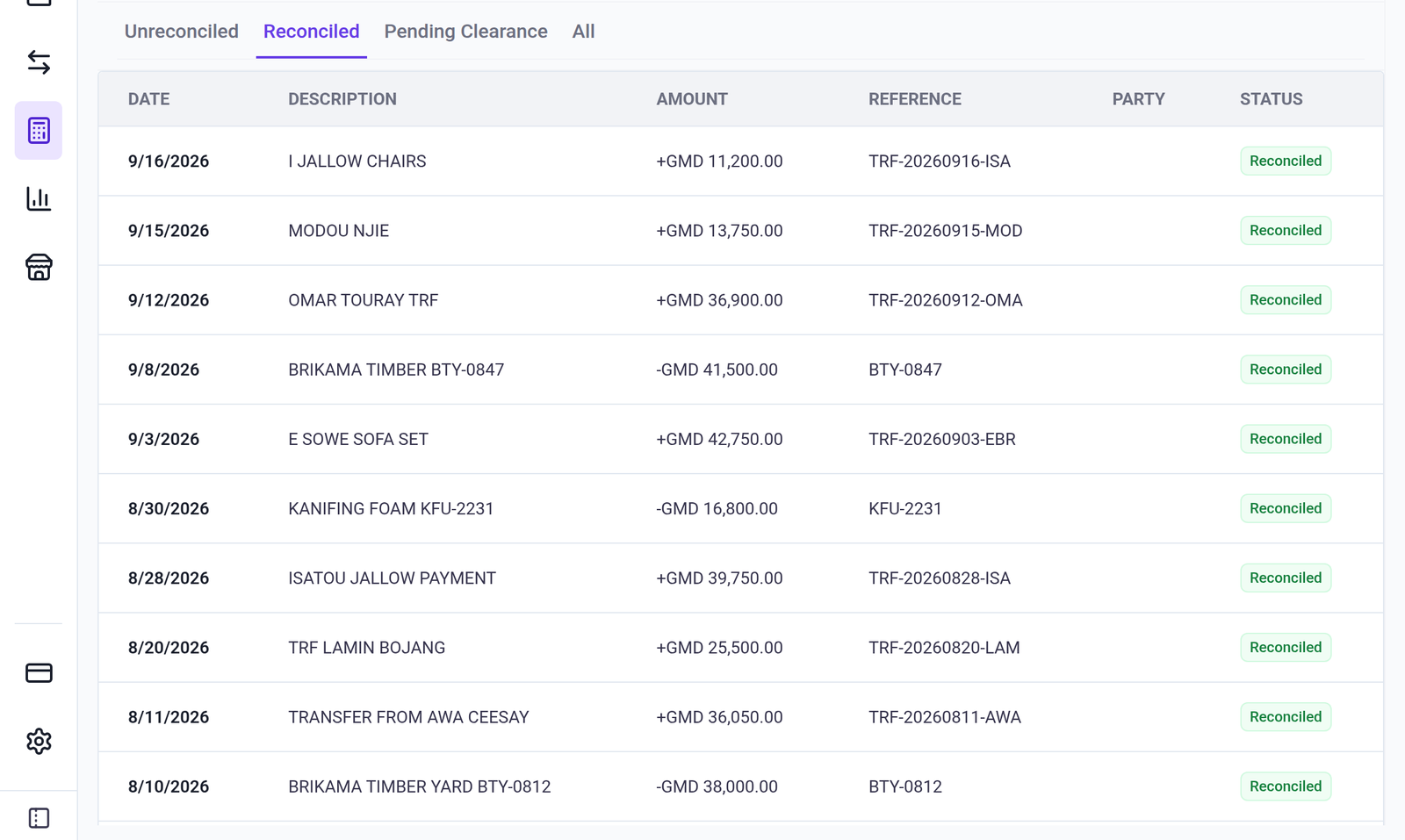 The Reconciled tab of Bank Reconciliation, listing ten statement lines from August and September, each marked Reconciled: customer transfers in and timber and foam supplier payments out.