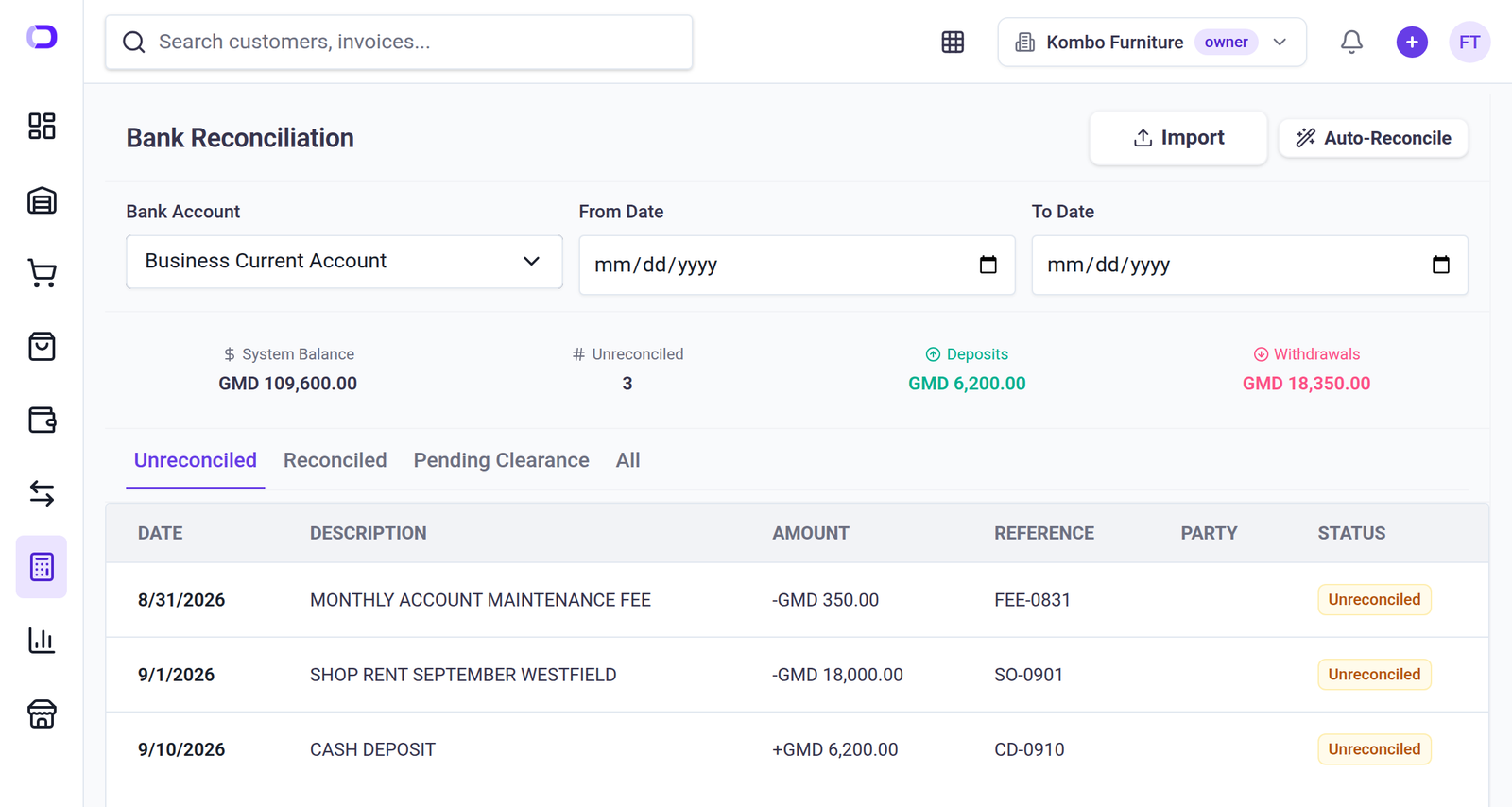 Bank Reconciliation showing three unreconciled statement lines: a GMD 350 monthly account maintenance fee, GMD 18,000 shop rent for September, and a GMD 6,200 cash deposit.