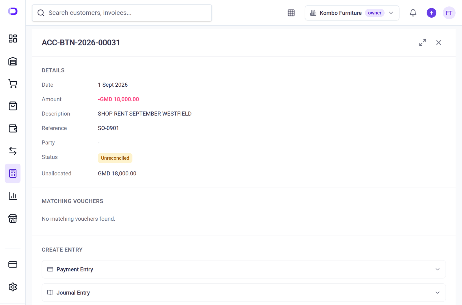 The detail panel for the GMD 18,000 shop rent statement line, showing no matching vouchers found and options to create a payment entry or a journal entry for it.