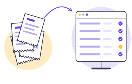A pile of paper receipts with an arrow leading to a screen of ticked-off rows, one still marked to check.