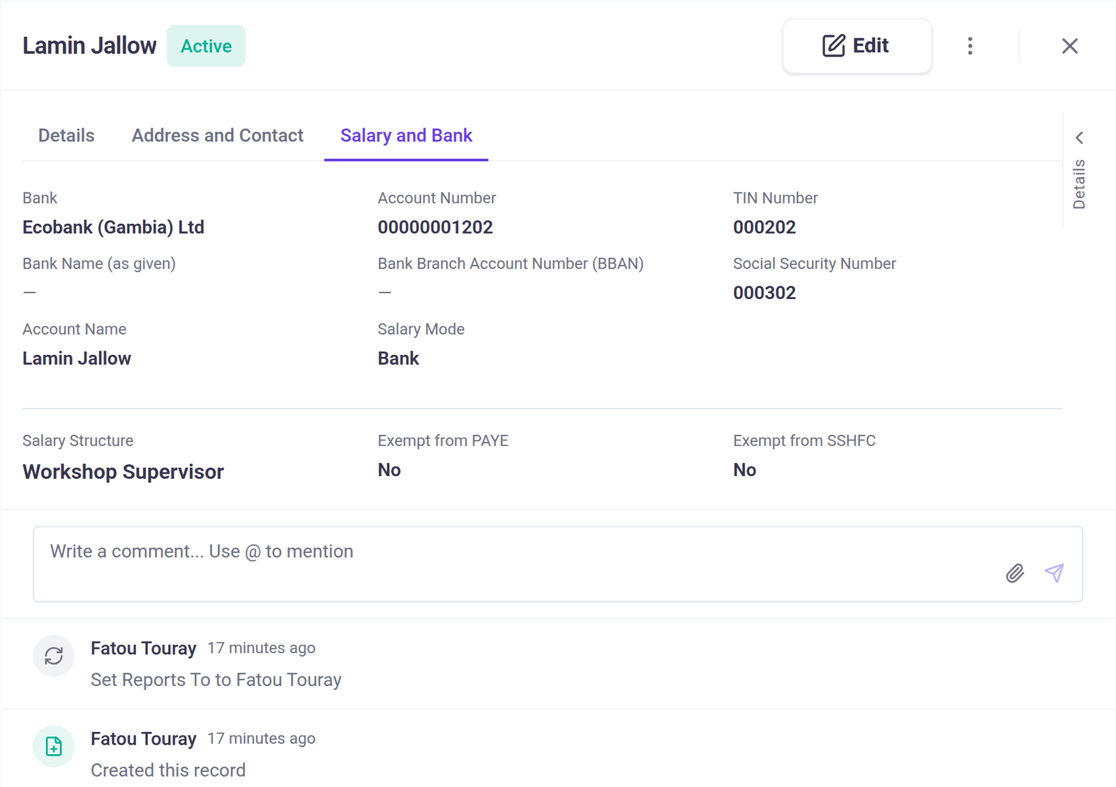 Lamin Jallow's employee record in Jokoor Payroll on the Salary and Bank tab: bank, account name and number, TIN, social security number, salary mode Bank, his salary structure, and exempt from PAYE and SSHFC both set to No.