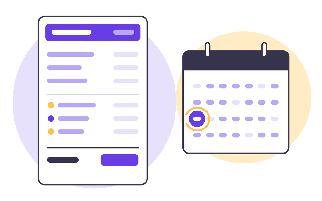 A payslip on the left with its deduction lines marked by amber and purple dots, and a calendar page on the right with one day circled as the monthly deadline.