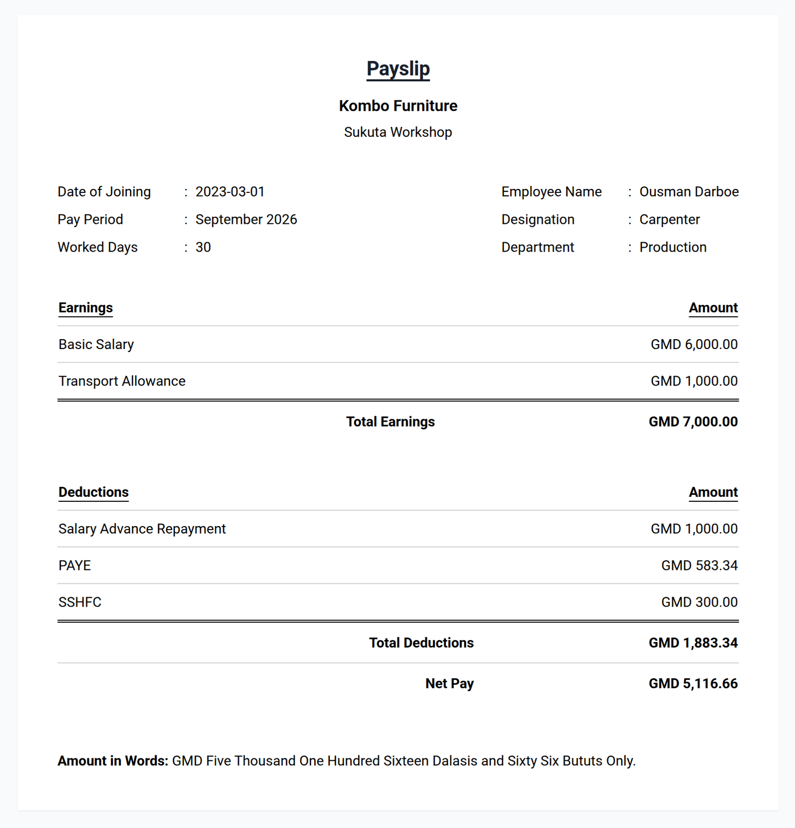 Ousman Darboe's September 2026 payslip: basic salary GMD 6,000 and transport allowance GMD 1,000, less a salary advance repayment of GMD 1,000, PAYE of GMD 583.34 and SSHFC of GMD 300, for a net pay of GMD 5,116.66.