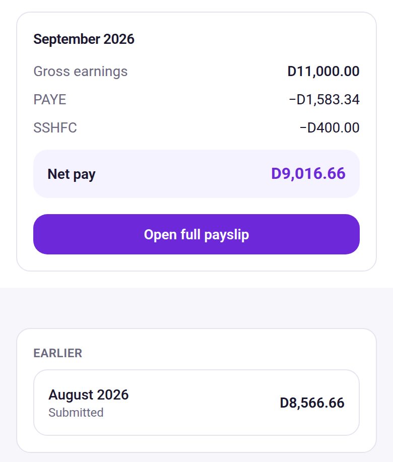 The staff self-service page on a phone, showing Isatou's September 2026 payslip with gross earnings of D11,000, PAYE and SSHFC deductions and net pay of D9,016.66, and her August payslip listed below it.