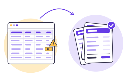 A spreadsheet with one cell flagged as wrong, and an arrow leading to a stack of ticked payslips.