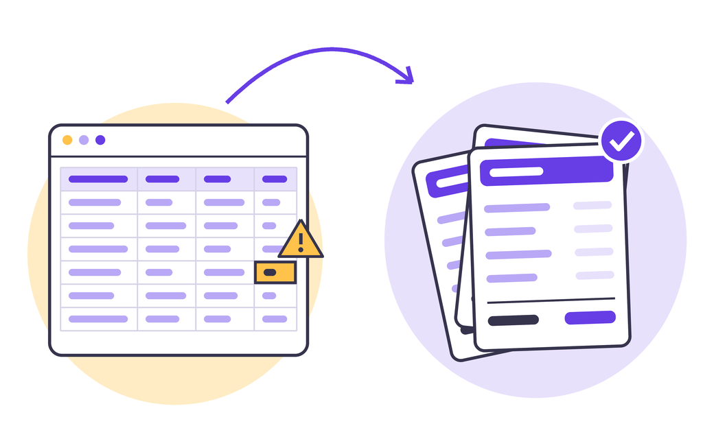 A spreadsheet on the left with one cell highlighted amber under a warning sign, and an arrow leading to a fan of payslips on the right, the front one ticked in purple.