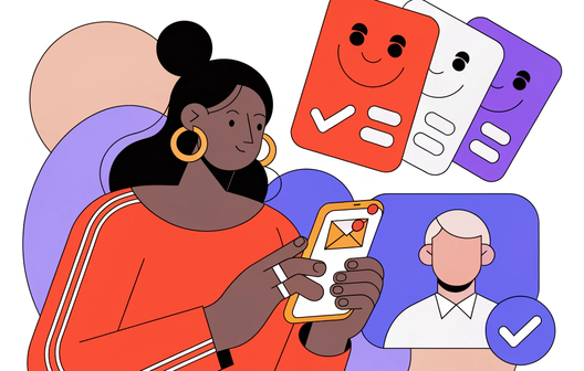 A woman looking at her phone as a message arrives, with message cards and a verified sender profile shown beside her.