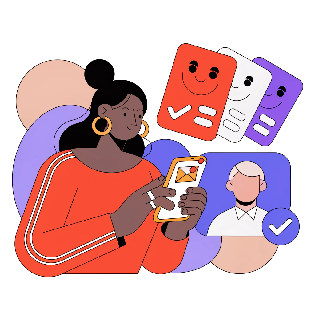 A woman looking at her phone as a message arrives, with message cards and a verified sender profile shown beside her.