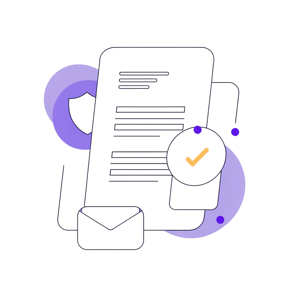 A form covered in field lines beside an envelope, a shield, and an amber checkmark, representing a sender ID application under review and approval.