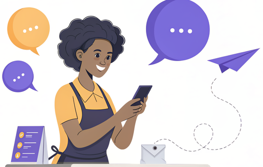 A shopkeeper in an apron smiling at a phone behind a counter, with speech bubbles and a paper plane around them.