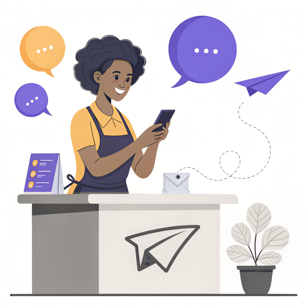 A shopkeeper in an apron standing behind a counter, smiling at a phone in their hands, with speech bubbles overhead and a paper plane trailing a dotted line away from an envelope on the counter.