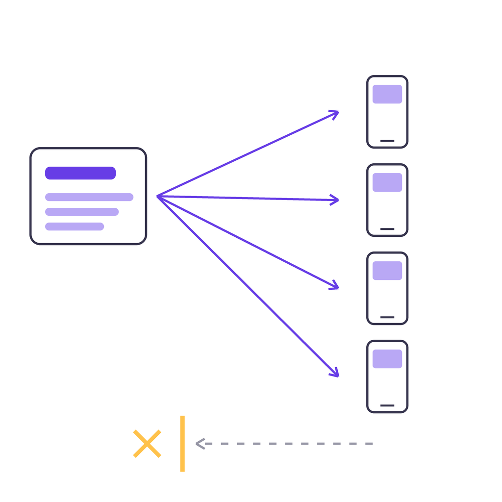 A message going out from a business sender to four mobile handsets, and a reply coming back the other way stopped by a barrier before it reaches the sender.