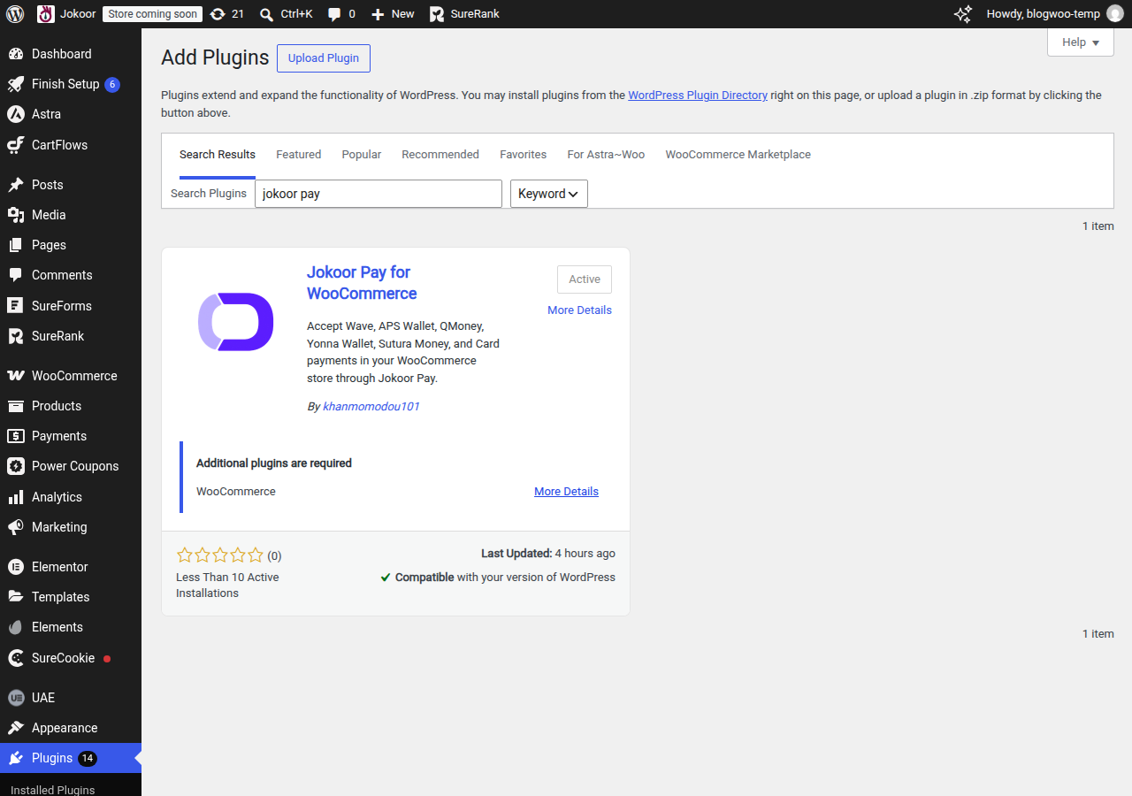 Jokoor Pay for WooCommerce listed in the WordPress plugin search results, showing the plugin description and supported payment methods.