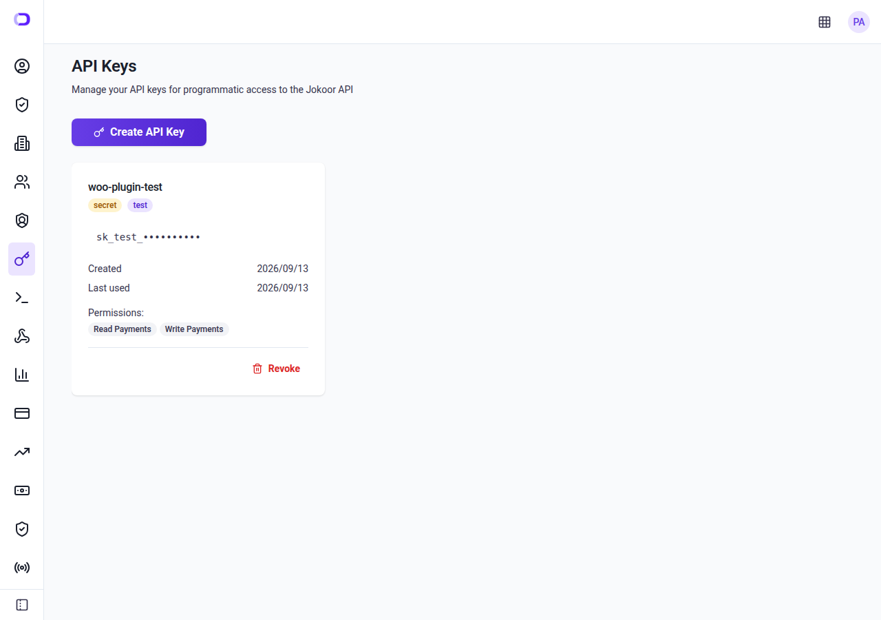 The API Keys page in the Jokoor dashboard, showing a saved key with its value masked.