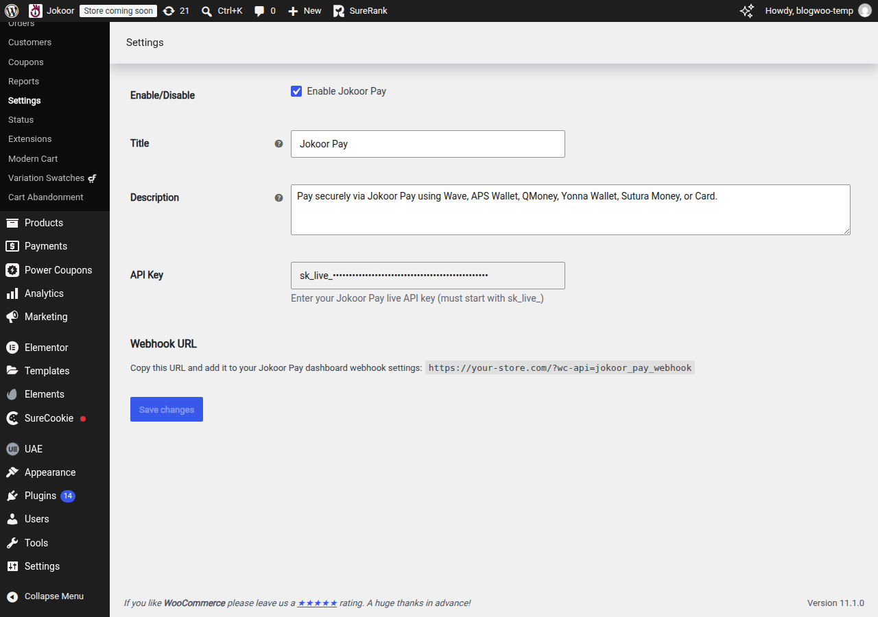 The Jokoor Pay settings screen inside WooCommerce, with the API Key field and a webhook address to copy into the Jokoor dashboard.