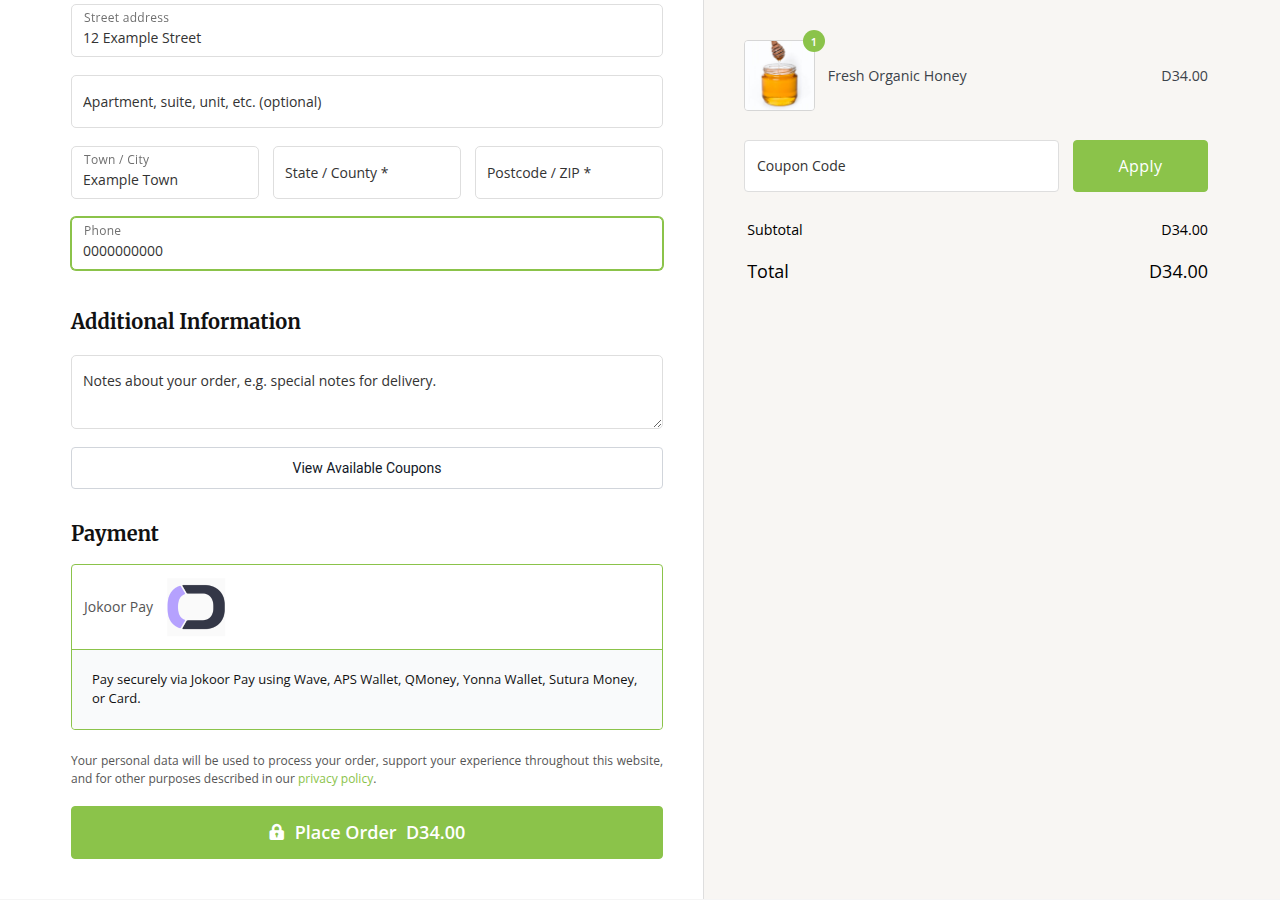 A WooCommerce checkout page with Jokoor Pay selected as the payment method.