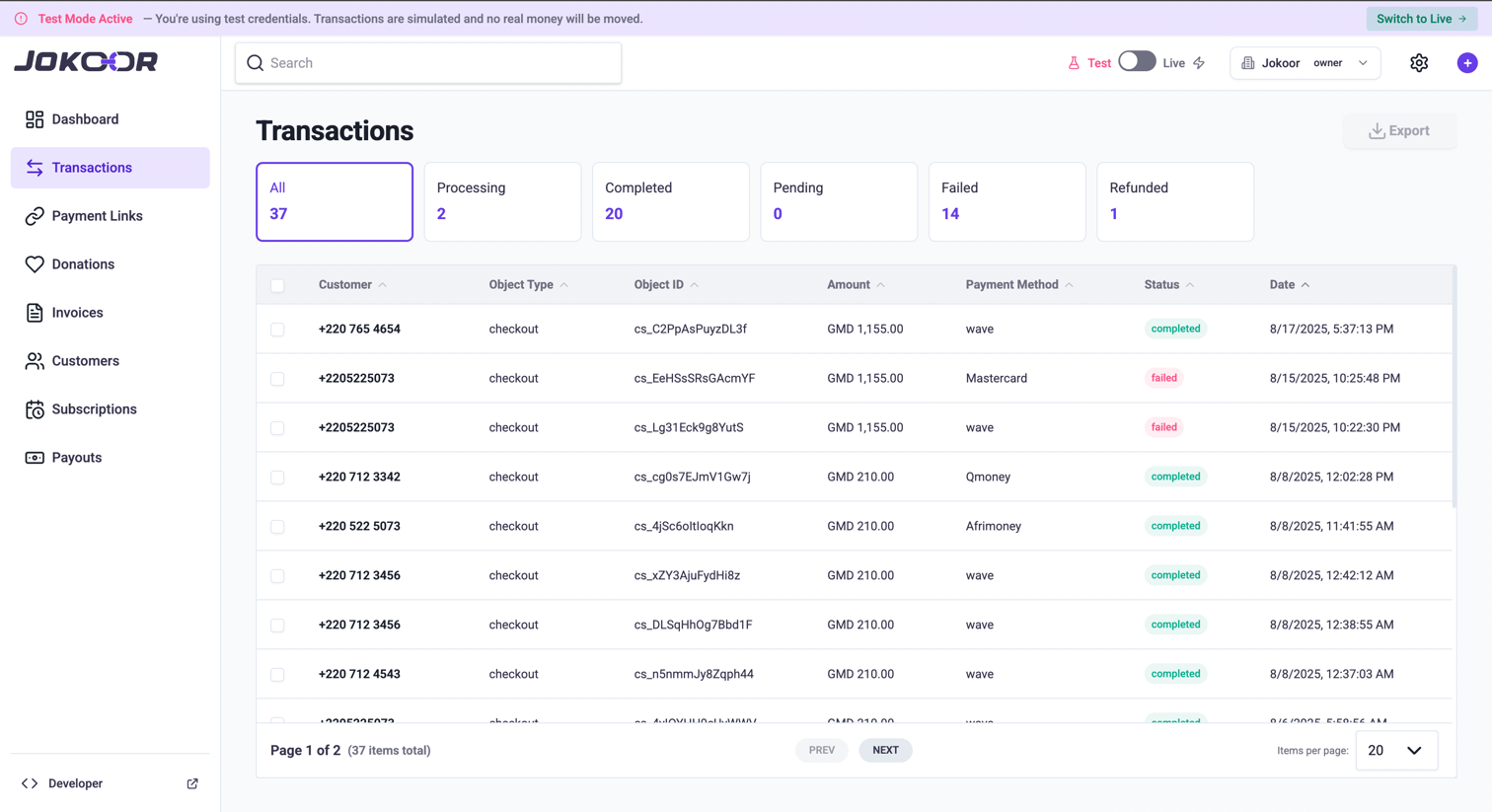 Jokoor Pay Transactions Dashboard