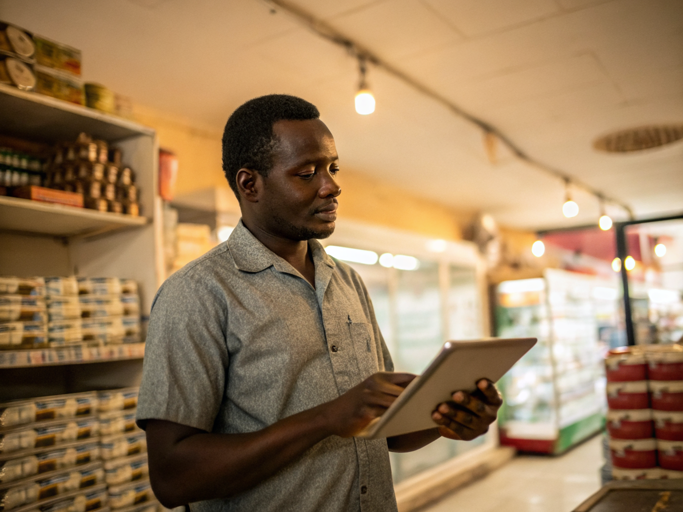 Gambian shopkeeper using Jokoor SMS