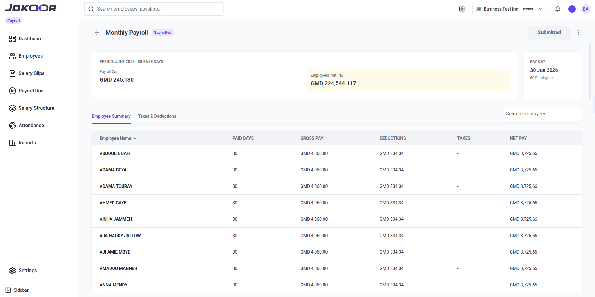 Jokoor Payroll pay run detail